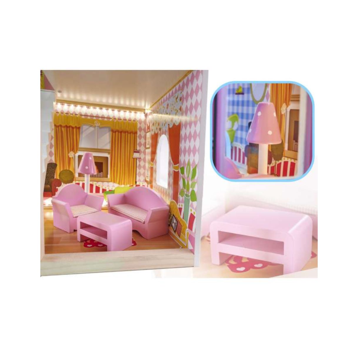 Casa de papusi din lemn cu mobila roz cu LED, 59 x 30 x 90, 4, hectarul.ro