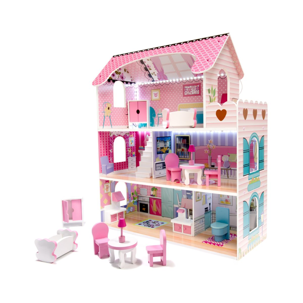 Casa de papusi din lemn MDF + mobila 70cm LED roz, 1, hectarul.ro