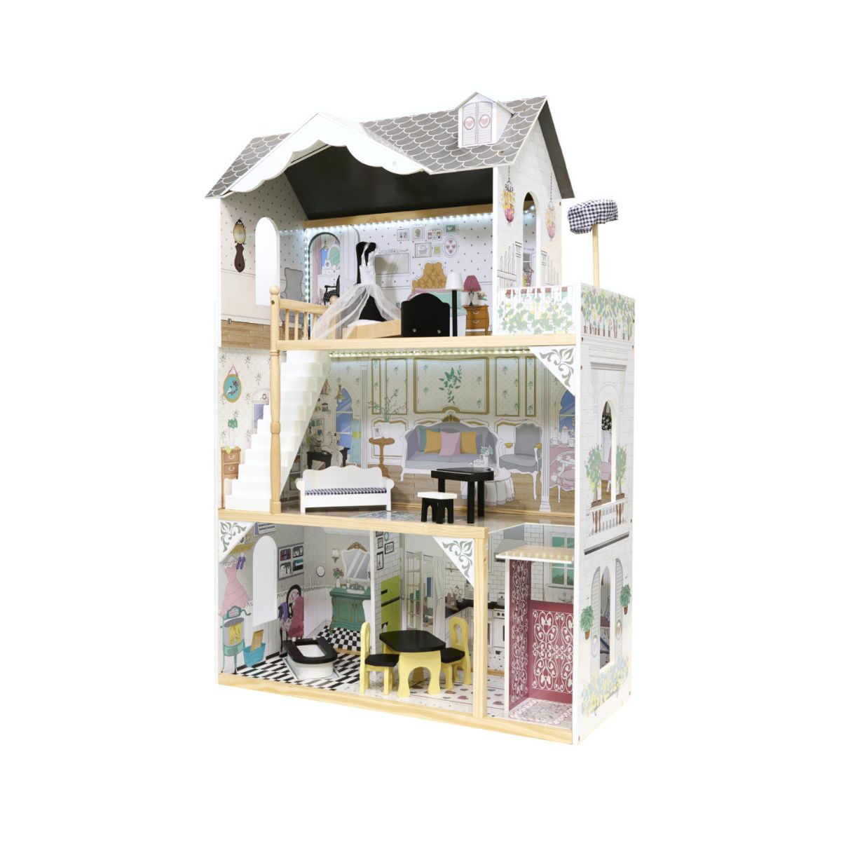 Casa de papusi din lemn MDF + mobilier 122cm XXL LED