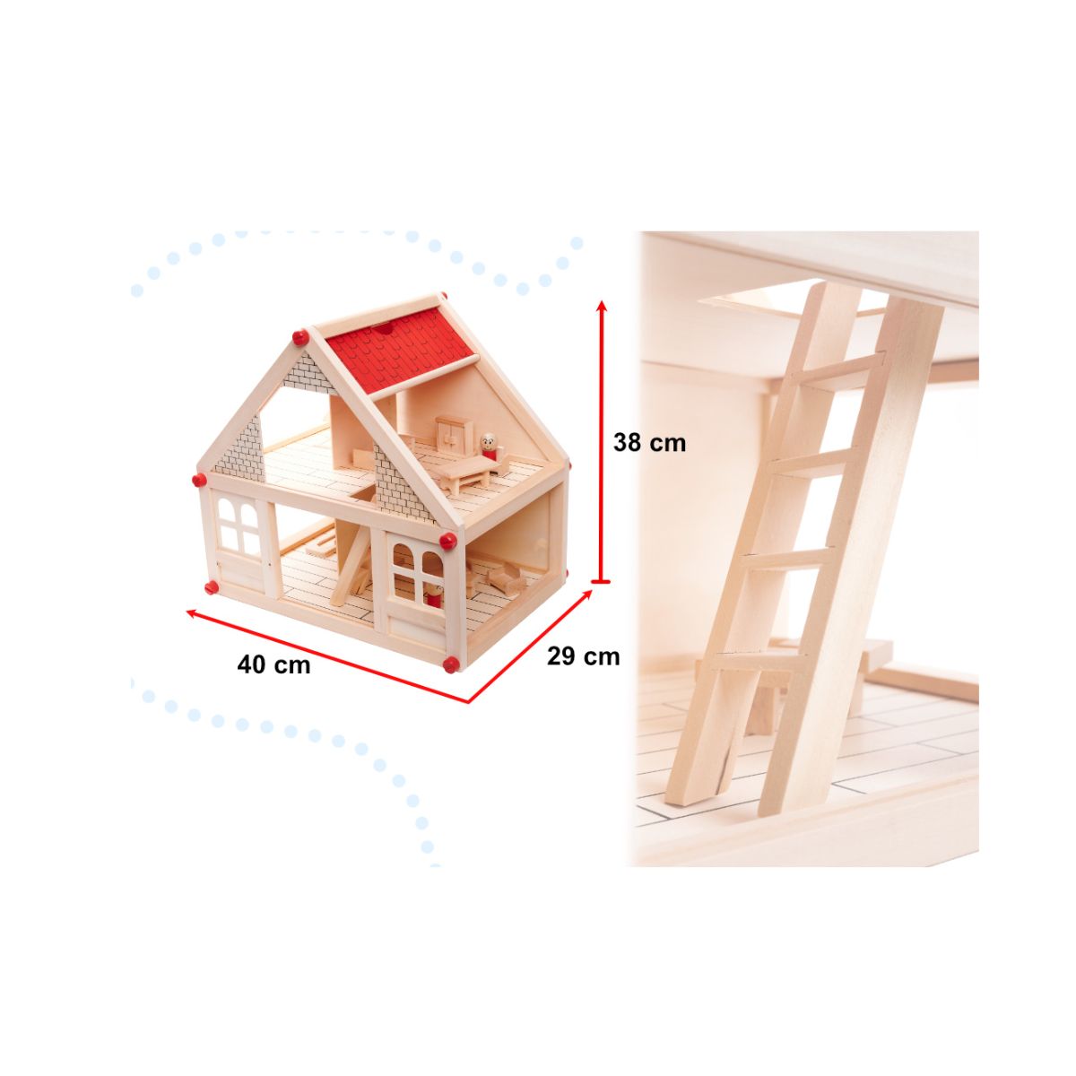 Casuta de papusi din lemn cu mobila si figurine, 40 cm, 4, hectarul.ro