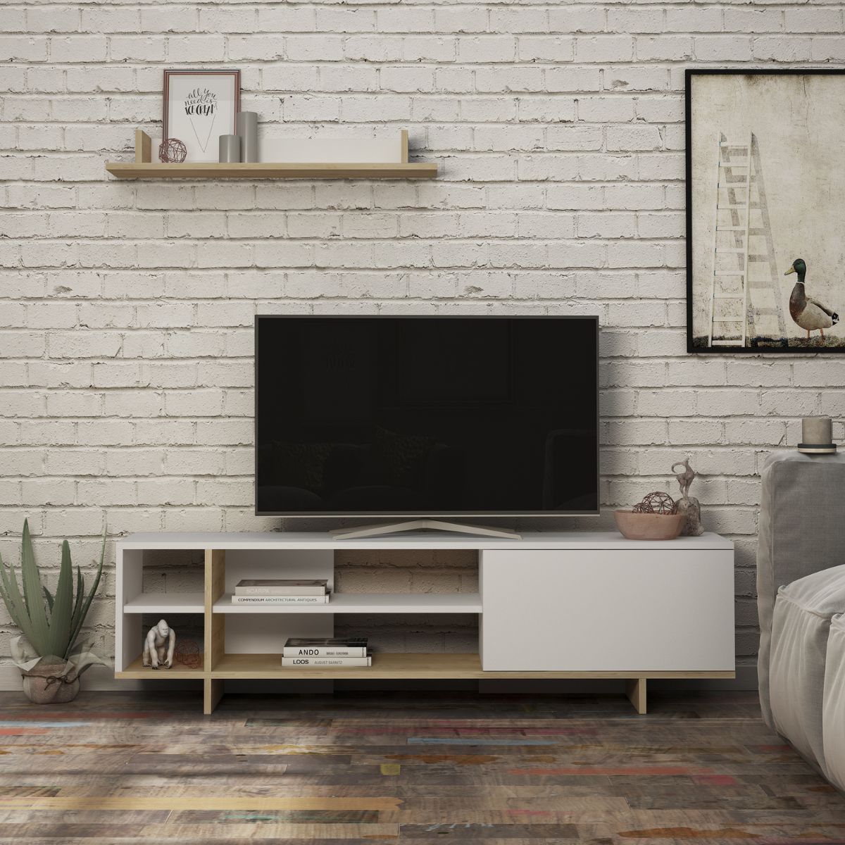 Set comoda TV alb / maro stejar din PAL melaminat 160 cm Stockton Decortie