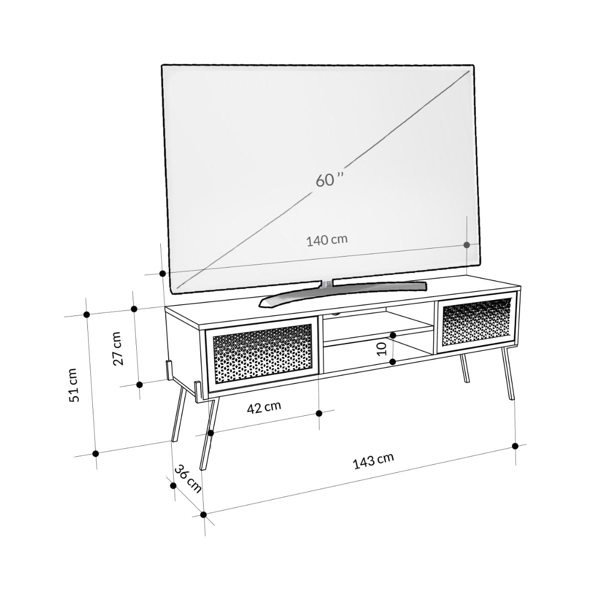 Comoda TV alba din PAL melaminat, fier 140 cm Naive Decortie