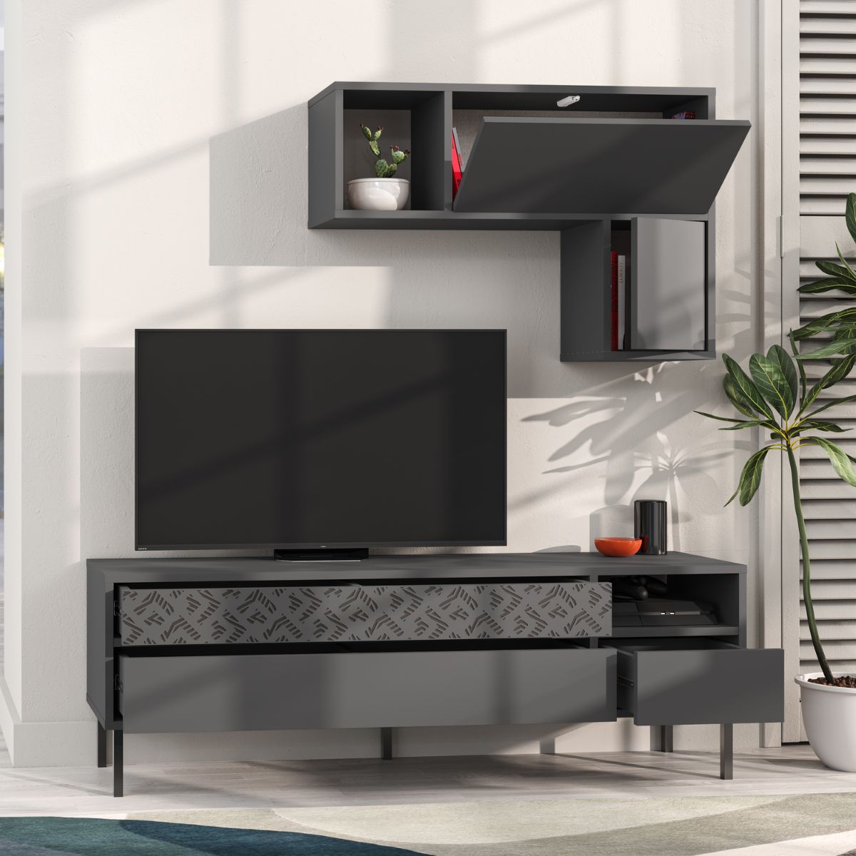Set comoda TV gri antracit din PAL melaminat 144 cm Heaton Decortie