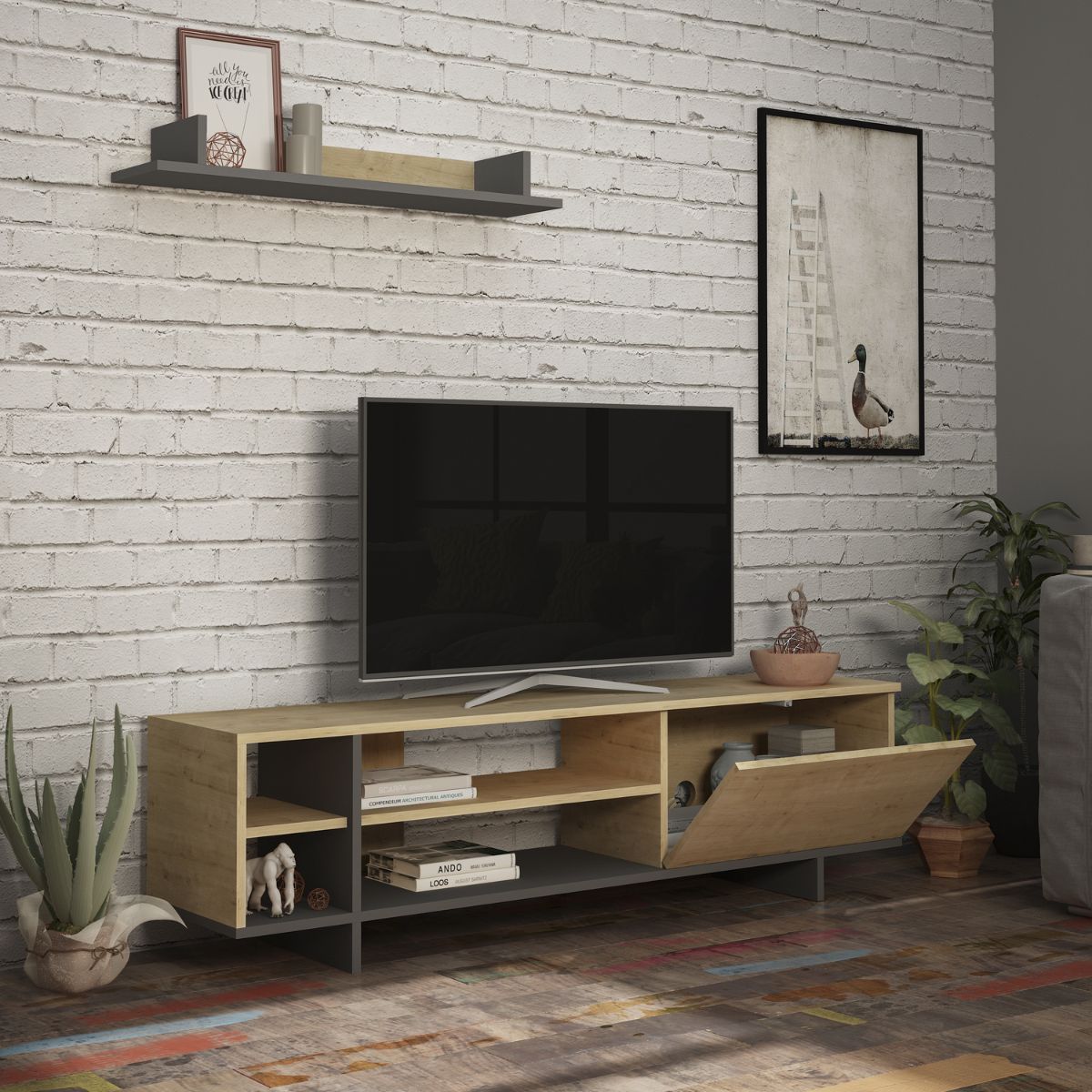 Set comoda TV maro / gri din PAL melaminat 160 cm Stockton Decortie