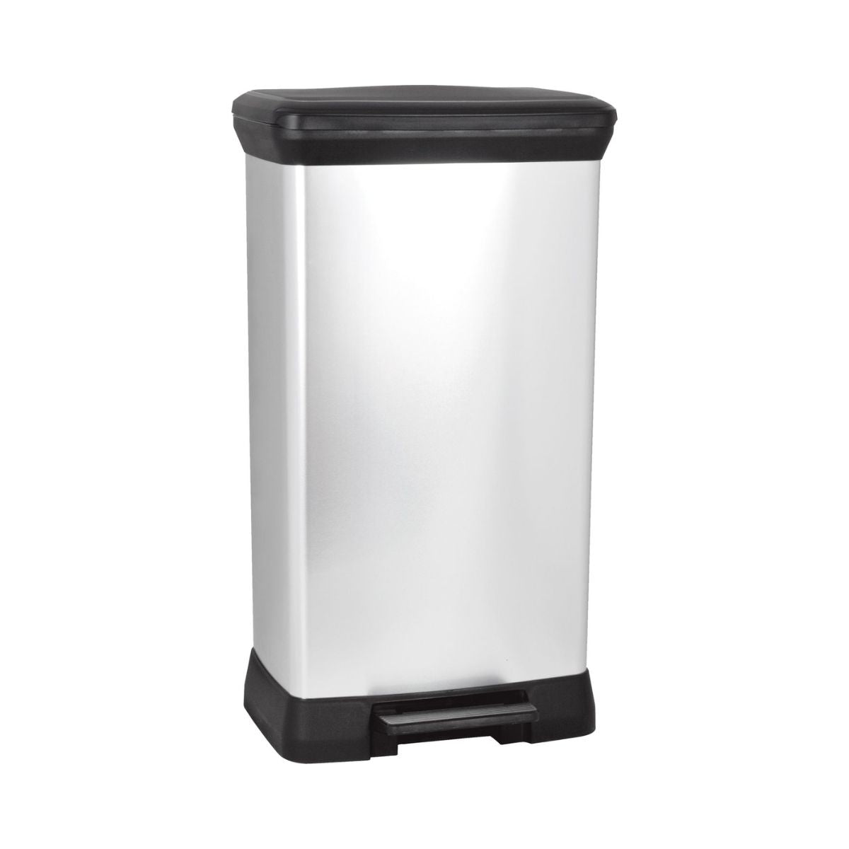 Cos de gunoi Curver 50 L, din plastic ultrarezistent cu pedala, 29x39x73 cm, negru/argintiu