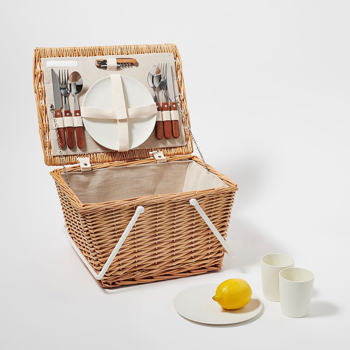 Cos de picnic pentru 2 persoane cu accesorii 40x30x23 cm Sunnylife Natural, 1, hectarul.ro