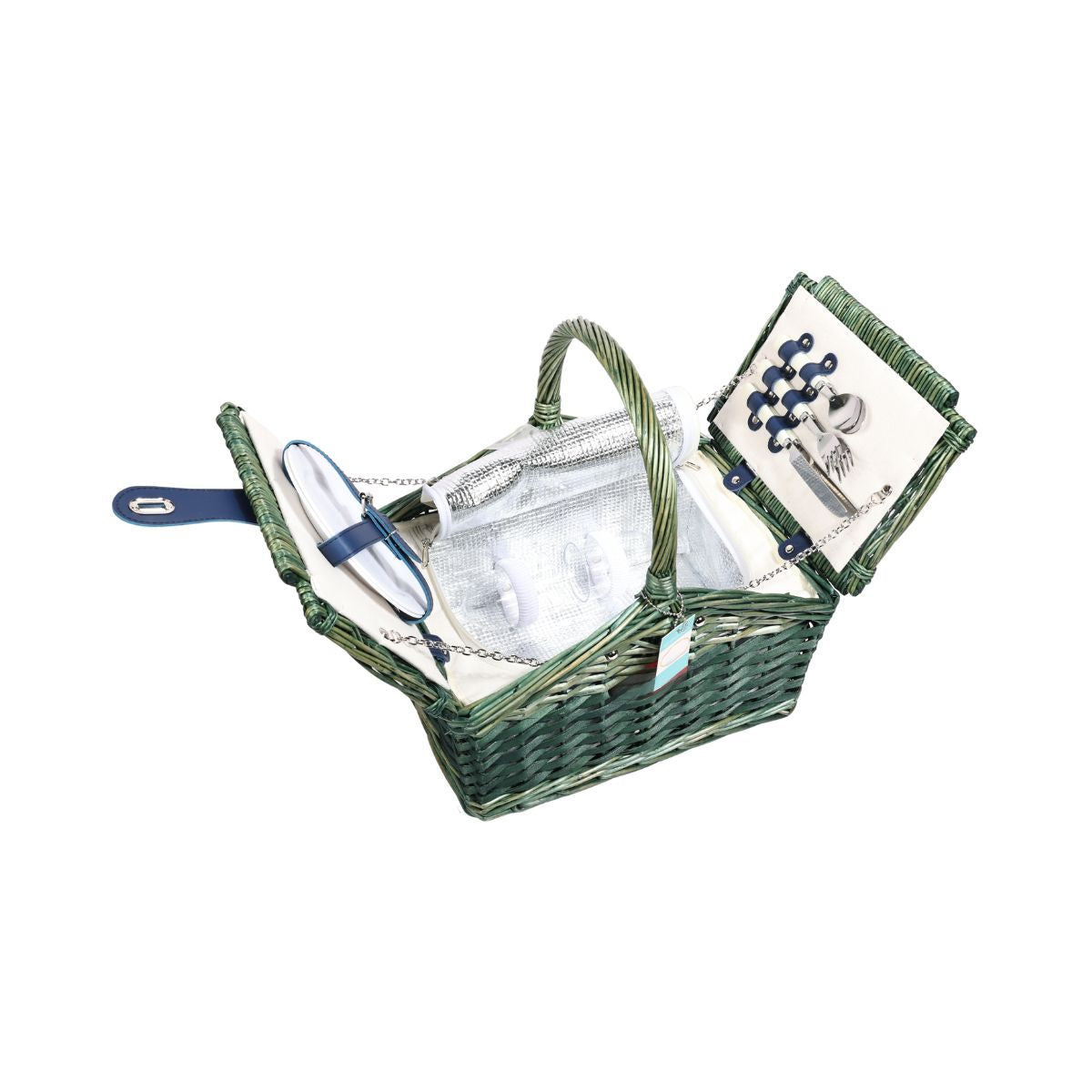 Cos de picnic pentru 2 persoane din rachita naturala verde cu vesela , tacamuri si compartiment frigorific ZQ23-1187