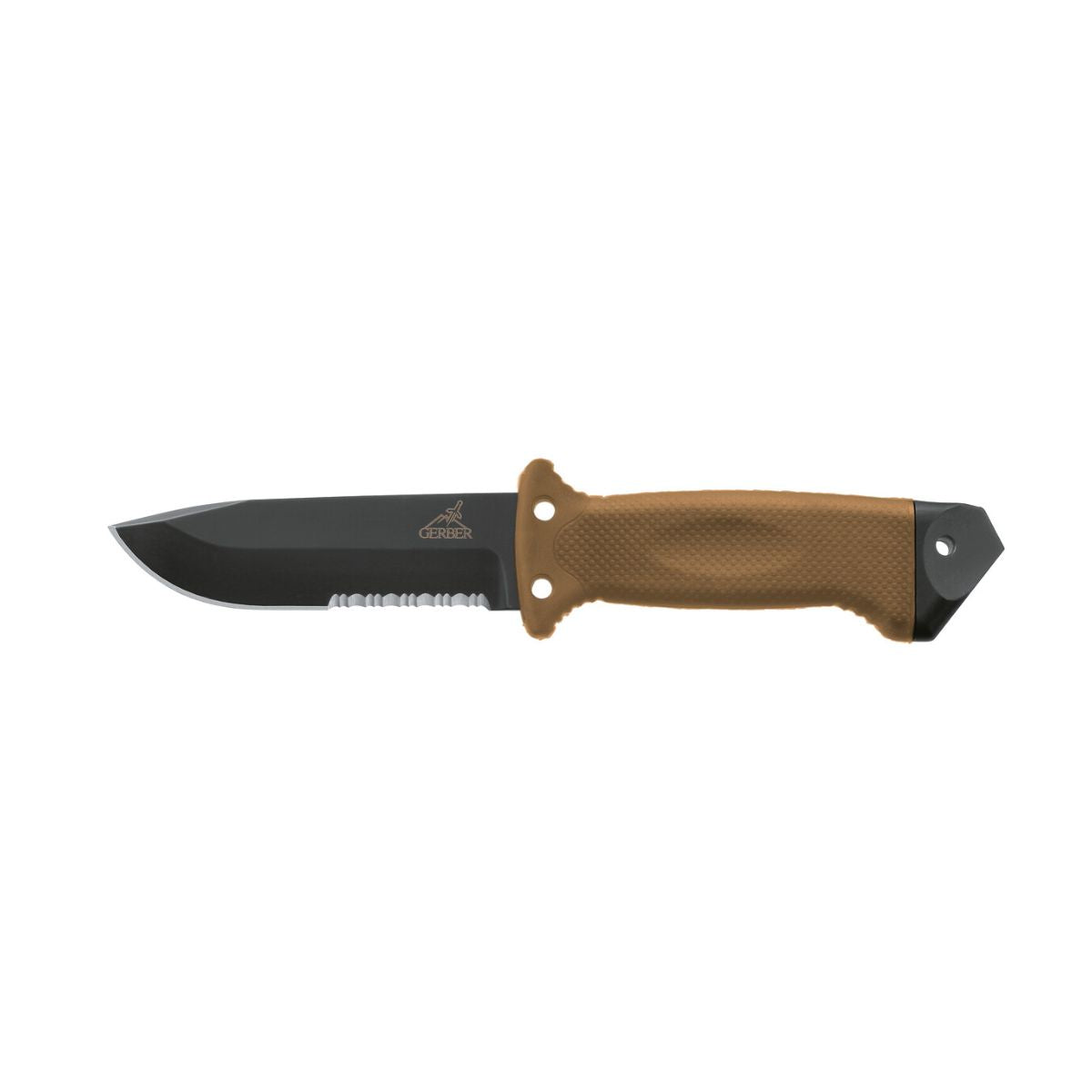 Cutit de supravietuire Gerber cu lama fixa zimtata si toc pentru picioare, lungimea lamei 12,3 cm, LMF II Infantry Fixed Blade, otel carbon 420HC, maro, 1, hectarul.ro