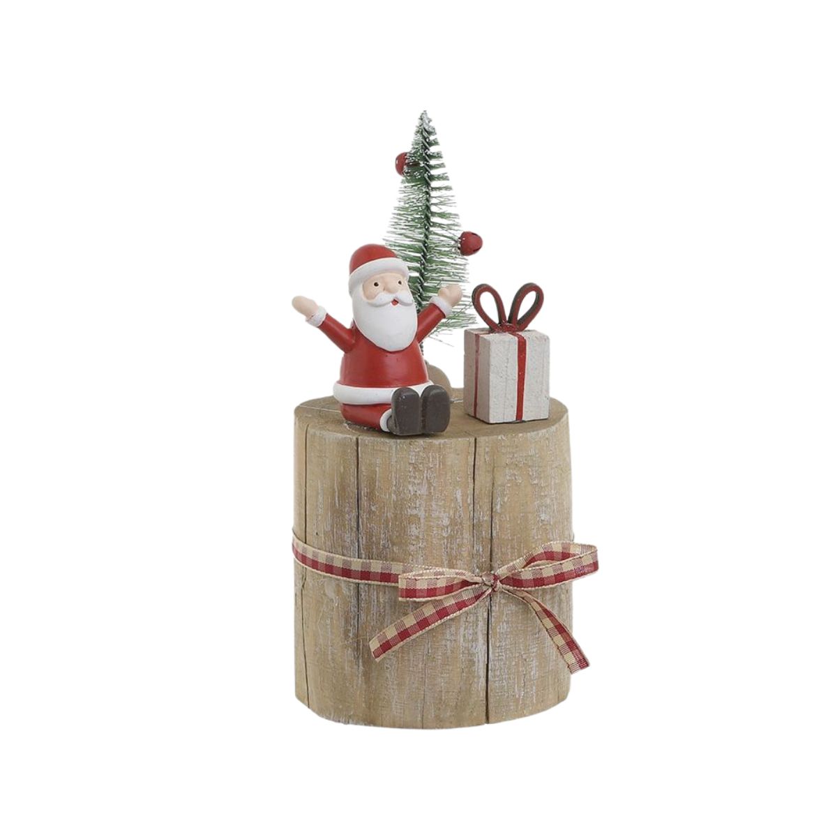 Decoratiune Craciun Bustean cu Mos si bradut, 8x8x17 cm, multicolor, lemn/polirasina