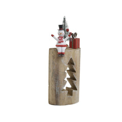 Decoratiune Craciun Bustean cu om de zapada si bradut, 10x6x24 cm, lemn/metal, multicolor