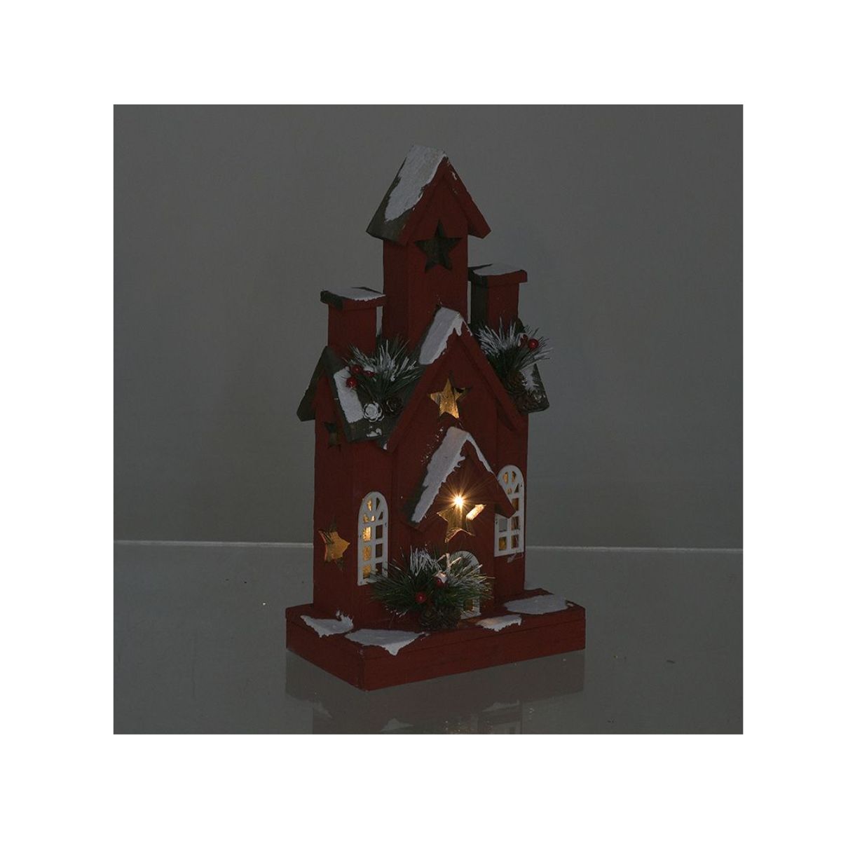 Decoratiune Craciun Casuta cu Luminite, 22x13x42 cm, alb/rosu ,lemn