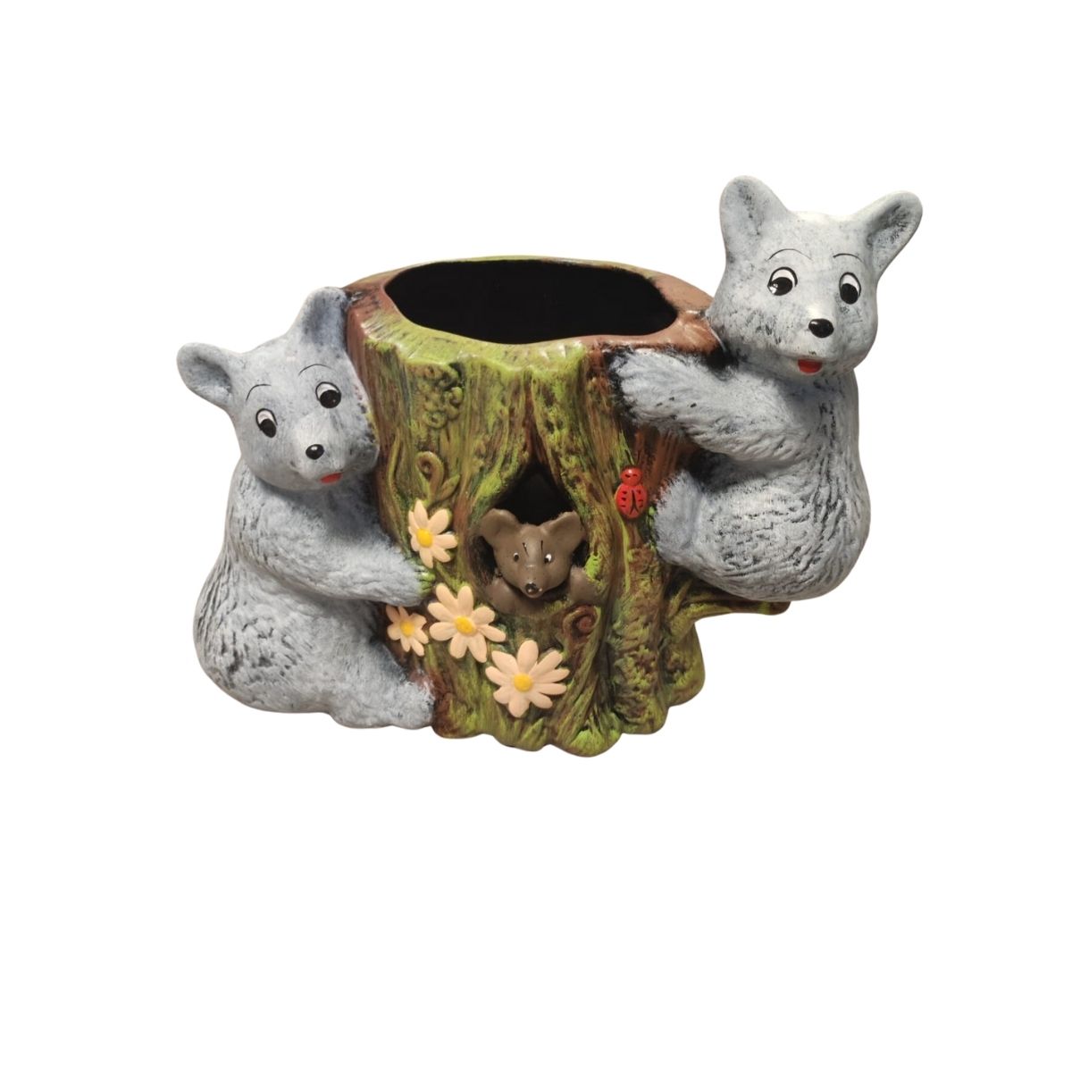 Decoratiune de gradina tip ghiveci, buturuga cu urs 30x30