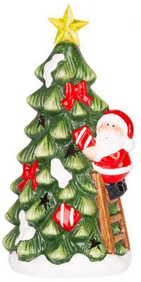 Decoratiune MagicHome Craciun, Mos Craciun cu Brad, LED, teracota, 11x8,7x21,8 cm