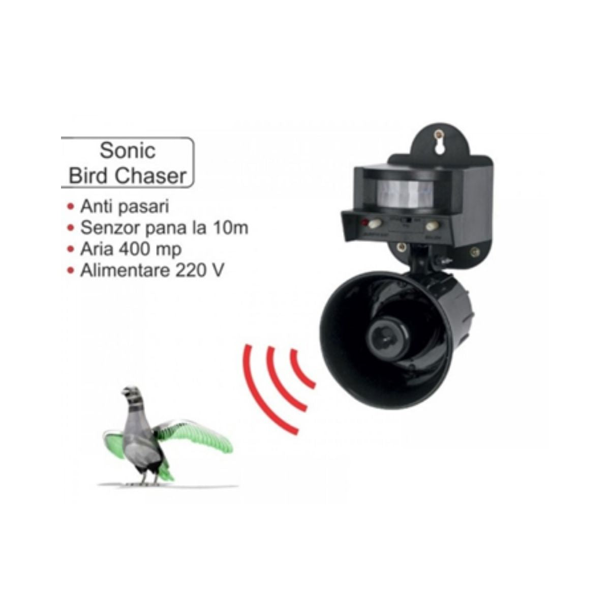Dispozitiv electronic PestMaster Sonic Bird Chaser repeler (400 mp) Alarma Acustica si Flash, 1, hectarul.ro