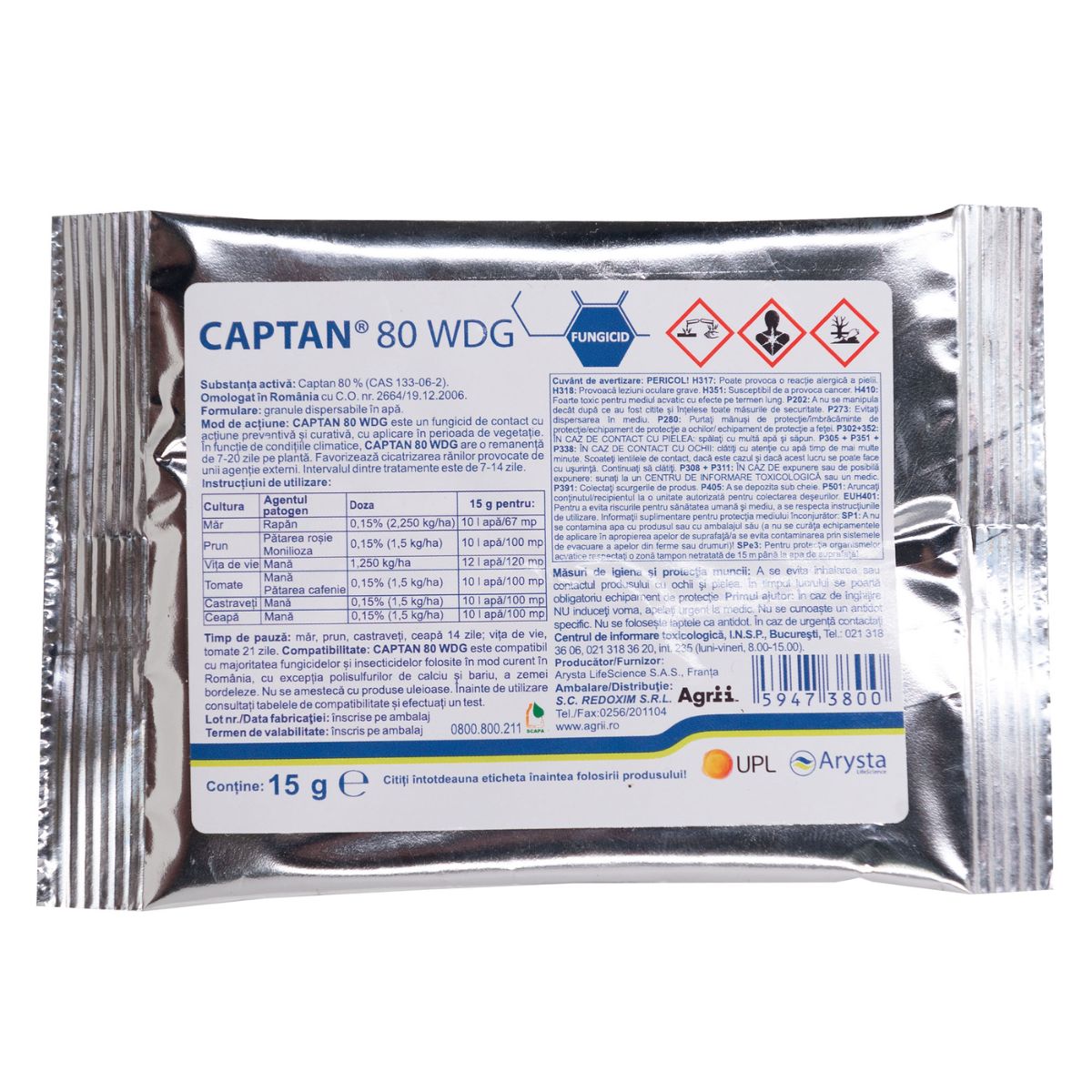 Fungicid pentru vita de vie, mar, castraveti, ceapa, prun si tomate, 15 grame, Captan 80 WDG, UPL AGRICULTURAL