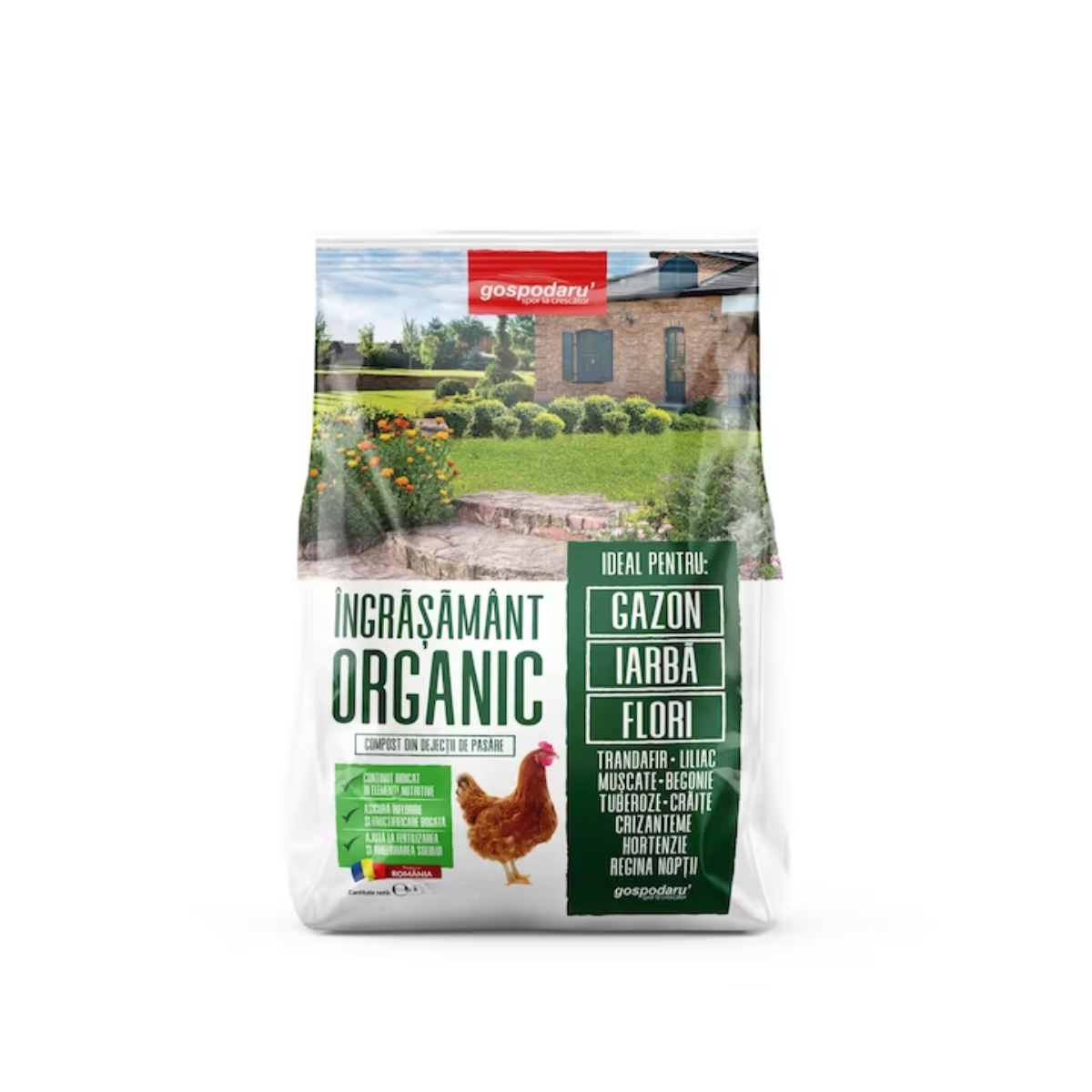 Ingrasamant organic  pentru gazon si flori, GOSPODARU', sac de 9 kg (gainat de pasare)