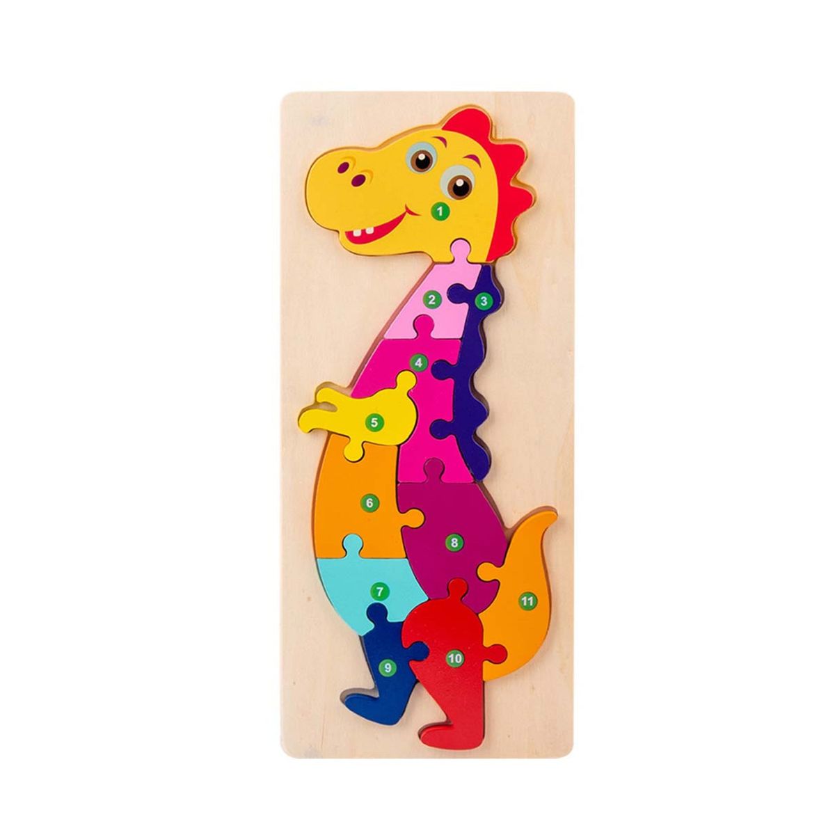 Jucarie educativa, puzzle 3D din lemn incastru, Dinozaur cu cifre, 11 piese, WD 2051-E