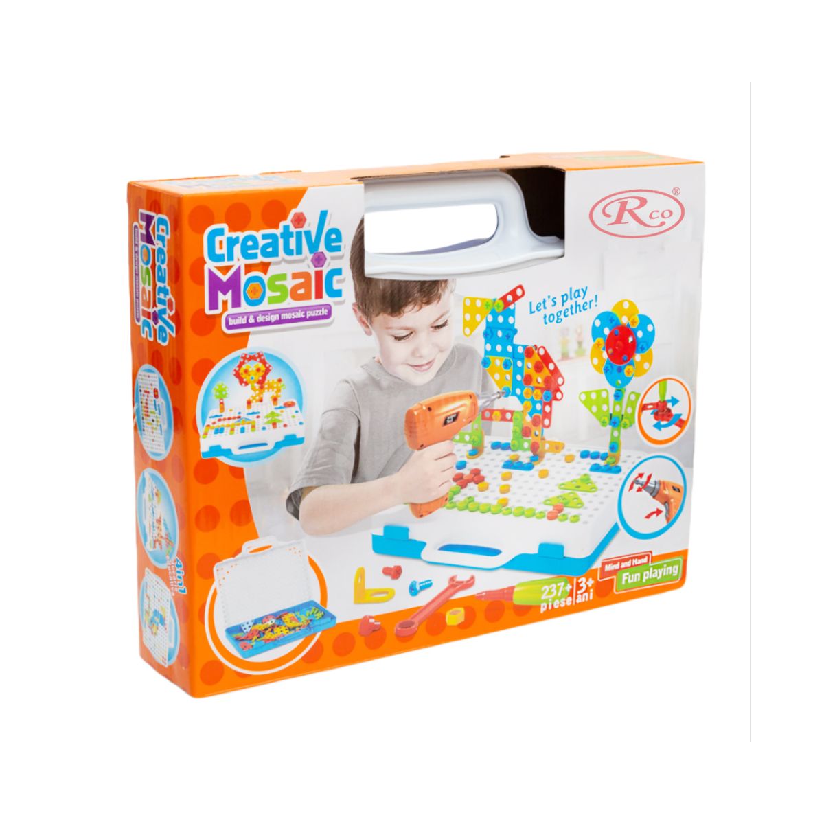 Jucarie educativa si interactiva STEM, set de constructie puzzle din ABS cu bormasina pentru inginerie 2D si 3D cu 237 piese, carcasa portabila, +3, WW2004, 1, hectarul.ro