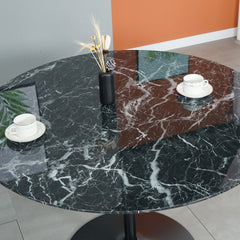 Masa de dining rotunda cu picior metalic si blat din MDF de culoare antracit, aspect marmura, 110 cm diametru, 75 cm inaltime