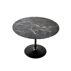 Masa de dining rotunda cu picior metalic si blat din MDF de culoare antracit, aspect marmura, 110 cm diametru, 75 cm inaltime