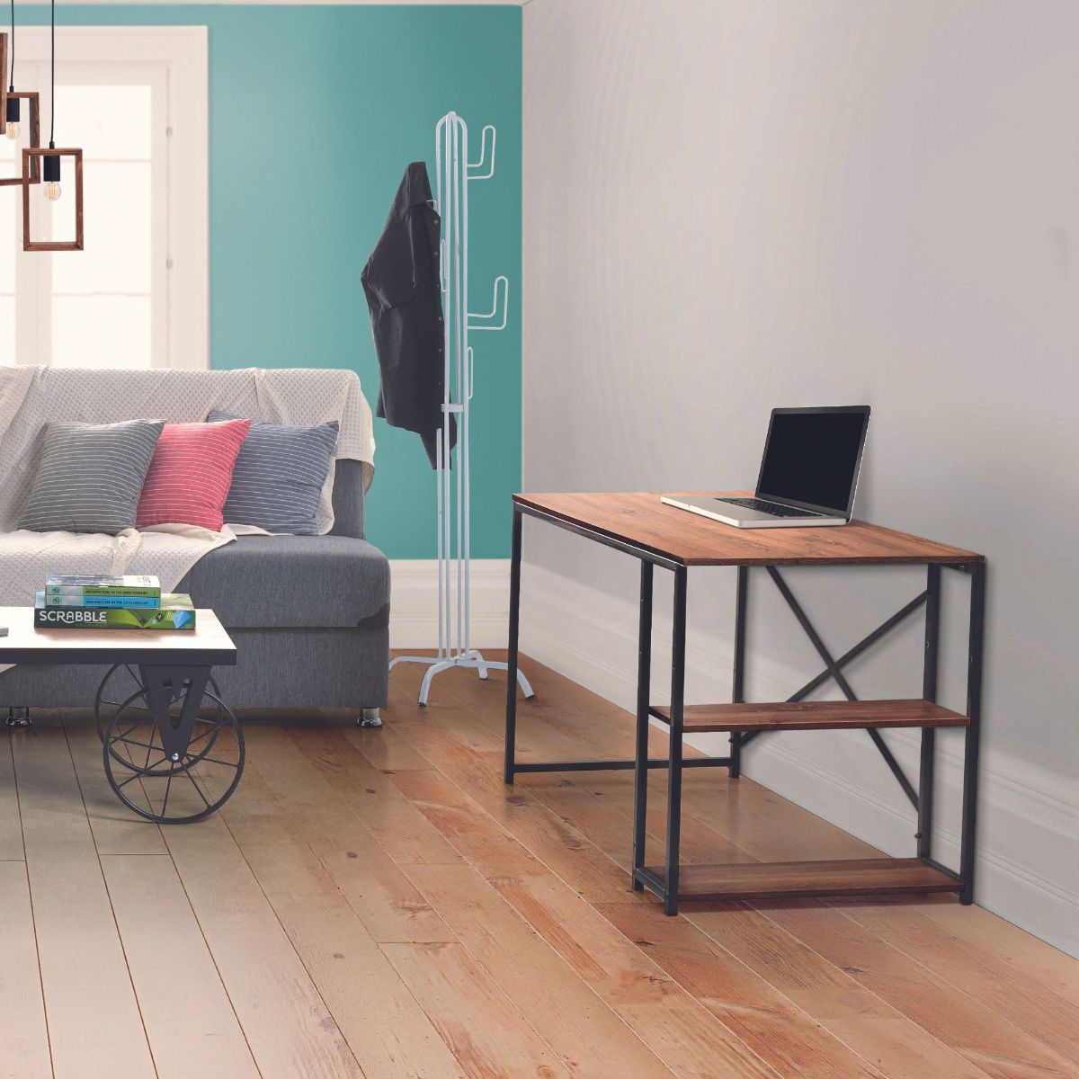 Masa de studiu cu 2 rafturi MDF bej, cadru din metal negru 120x60x70 cm, 6, hectarul.ro