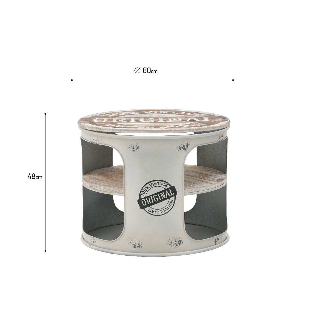 Masuta laterala din metal vopsit alb fildes si lemn de mesteacan Φ60Χ48 cm