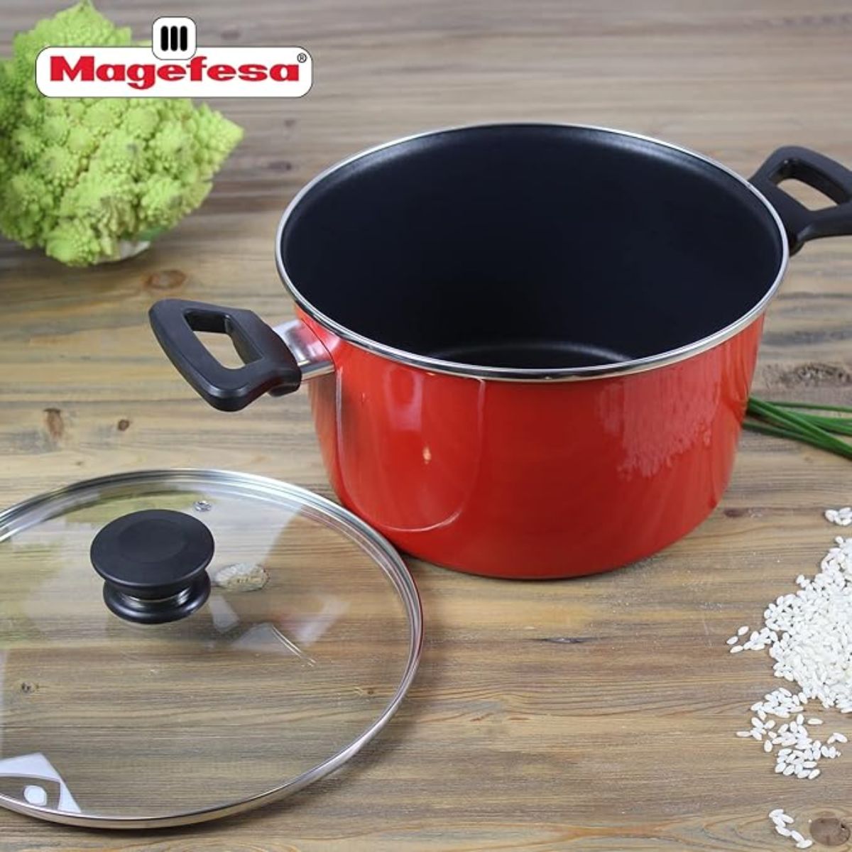 Oala din otel vitrificat cu dublu strat antiaderent si capac din sticla termorezistenta, Maison Red Magefesa, 24 cm diametru, 2.1 l, rosie, 2, hectarul.ro