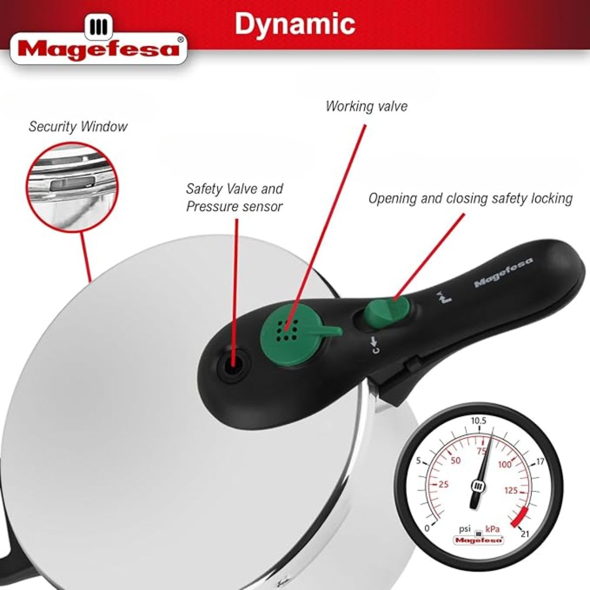Oala sub presiune DYNAMIC 8 Magefesa, din otel inoxidabil 18/10, cu 5 sisteme de securitate, volum 7.5 litri, 3, hectarul.ro