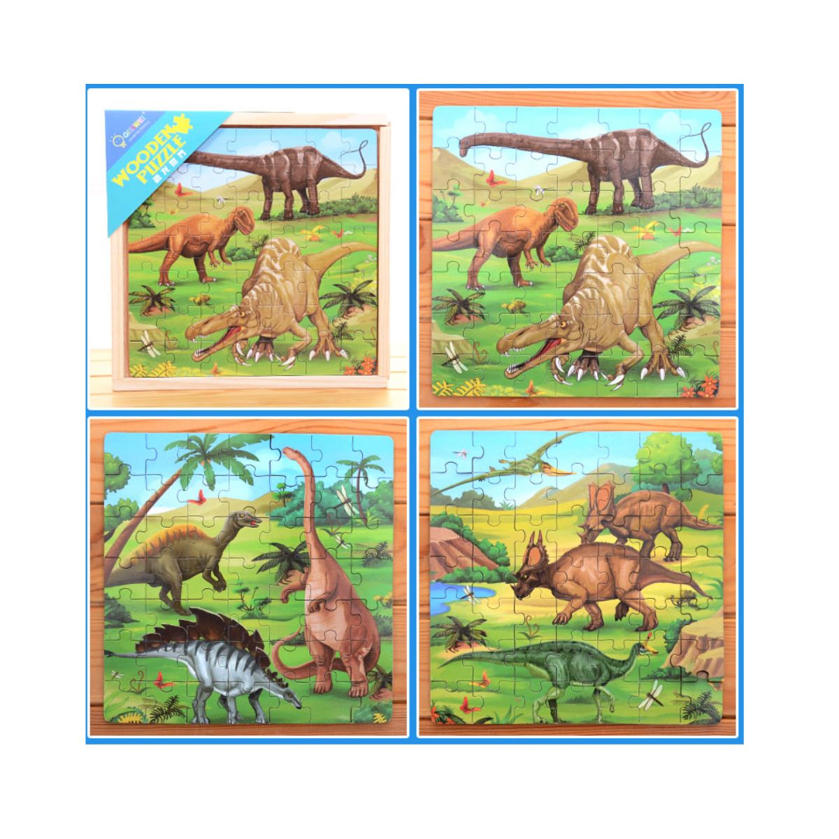 Puzzle 3 in 1 din lemn in cutie cu tematica - Dinozauri, WD 9002D