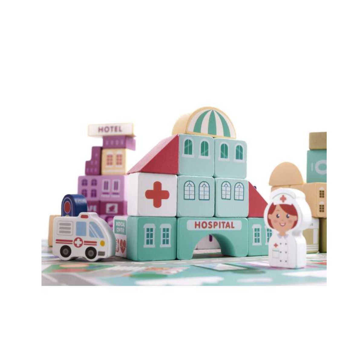 Puzzle cuburi din lemn educativ, oras, 100 buc, 55x42cm