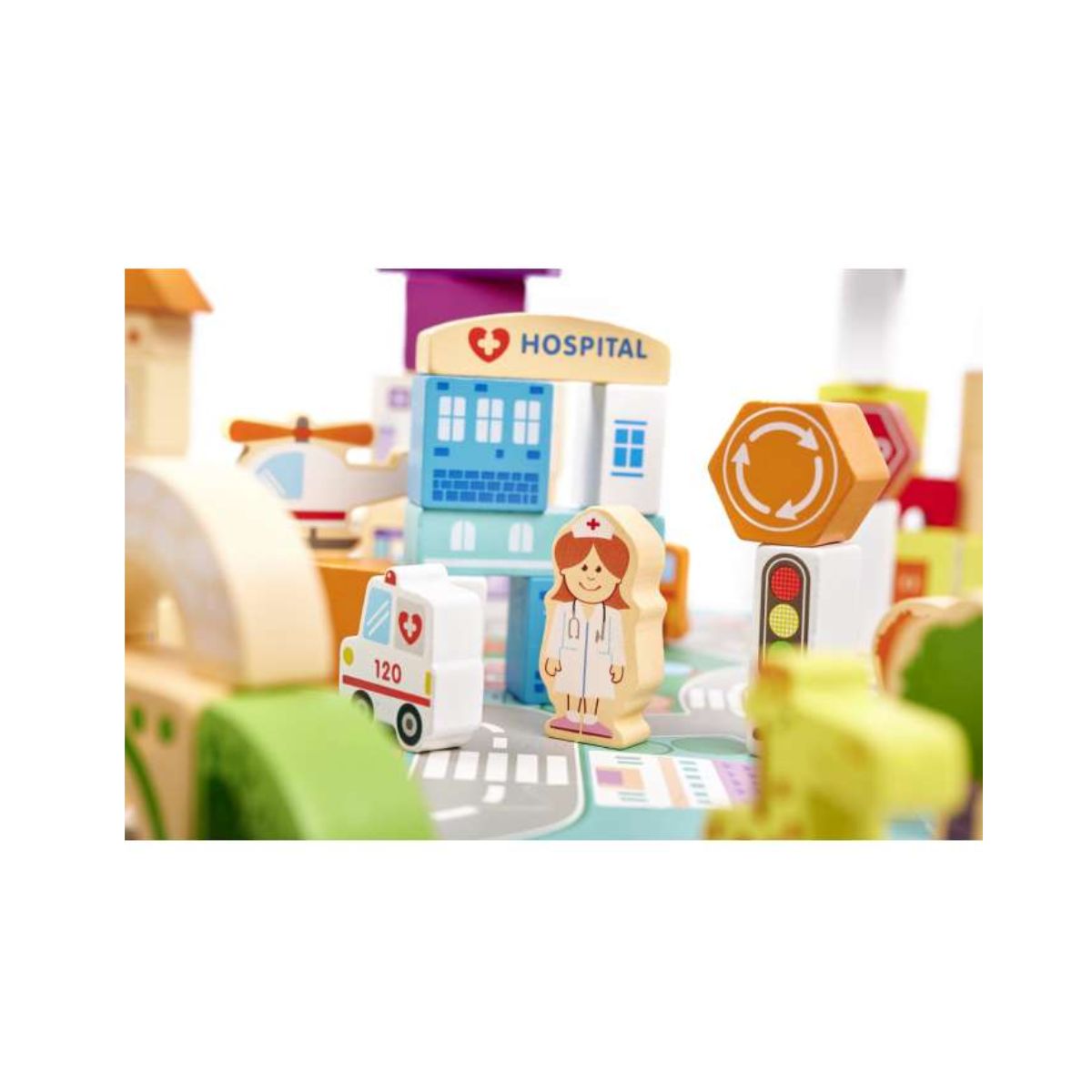 Puzzle cuburi din lemn educativ, oras, 120 buc