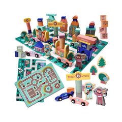 Puzzle cuburi din lemn educativ, pista de curse, 160 buc, 59x39cm