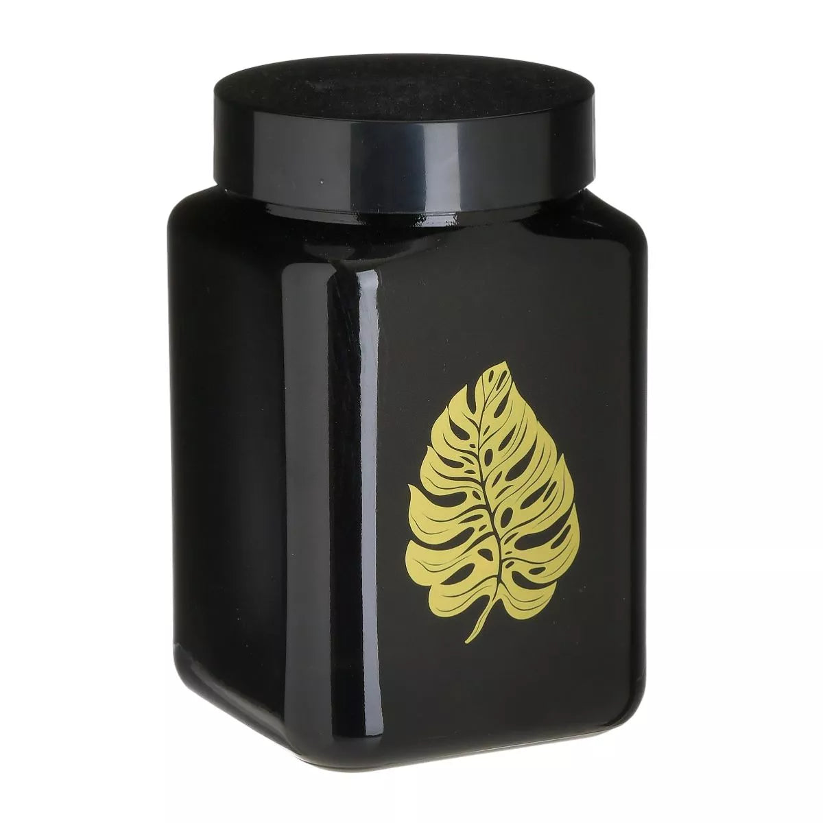 Recipient depozitare alimente din sticla cu capac, model frunza, 1500ml, Φ11x18 cm Negru/Galben, 1, hectarul.ro