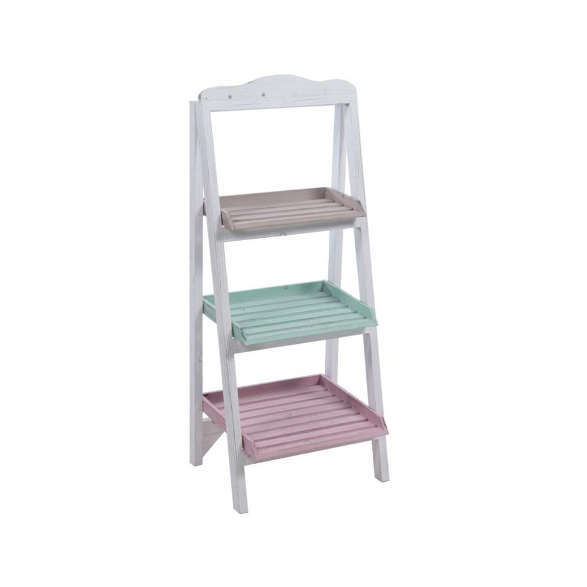 Raft de lemn tip scara, cu 3 polite, alb si multicolor, 35x28x84 cm