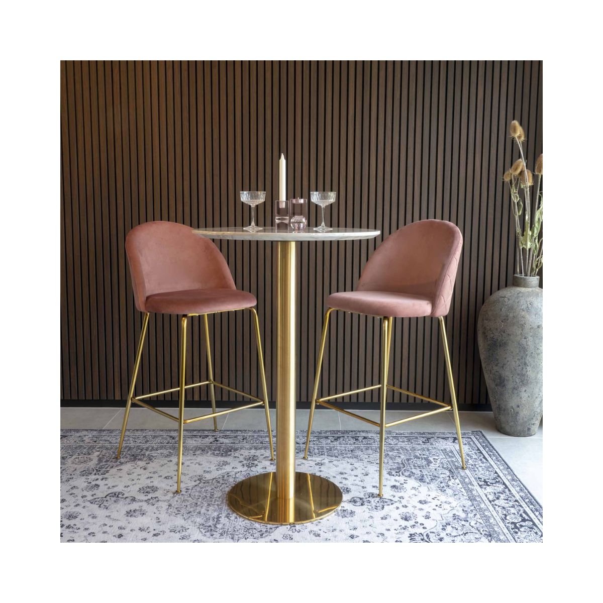 Scaun de bar roz pal/auriu din catifea poliester si otel Lausanne House Nordic