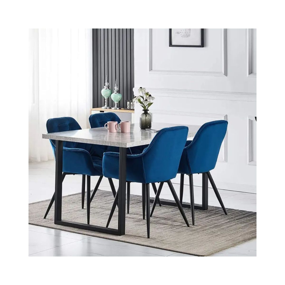 Pachet 3+1 Scaun tip fotoliu living/ dining albastru, tapiserie catifea, cadru metalic, fix, Velvet Old