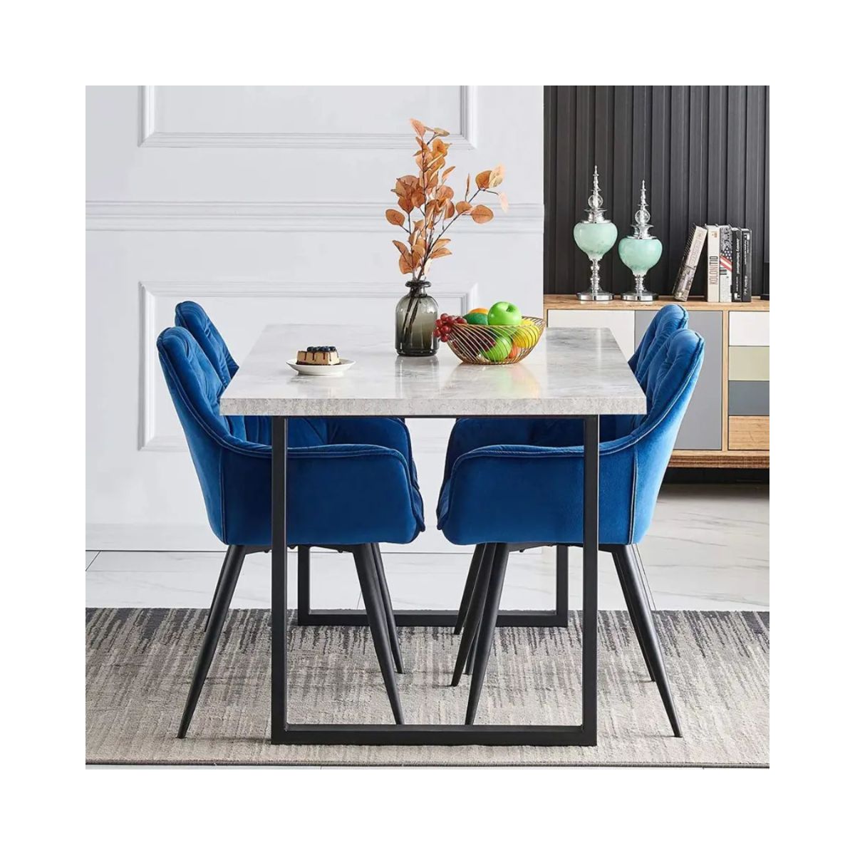 Pachet 3+1 Scaun tip fotoliu living/ dining albastru, tapiserie catifea, cadru metalic, fix, Velvet Old