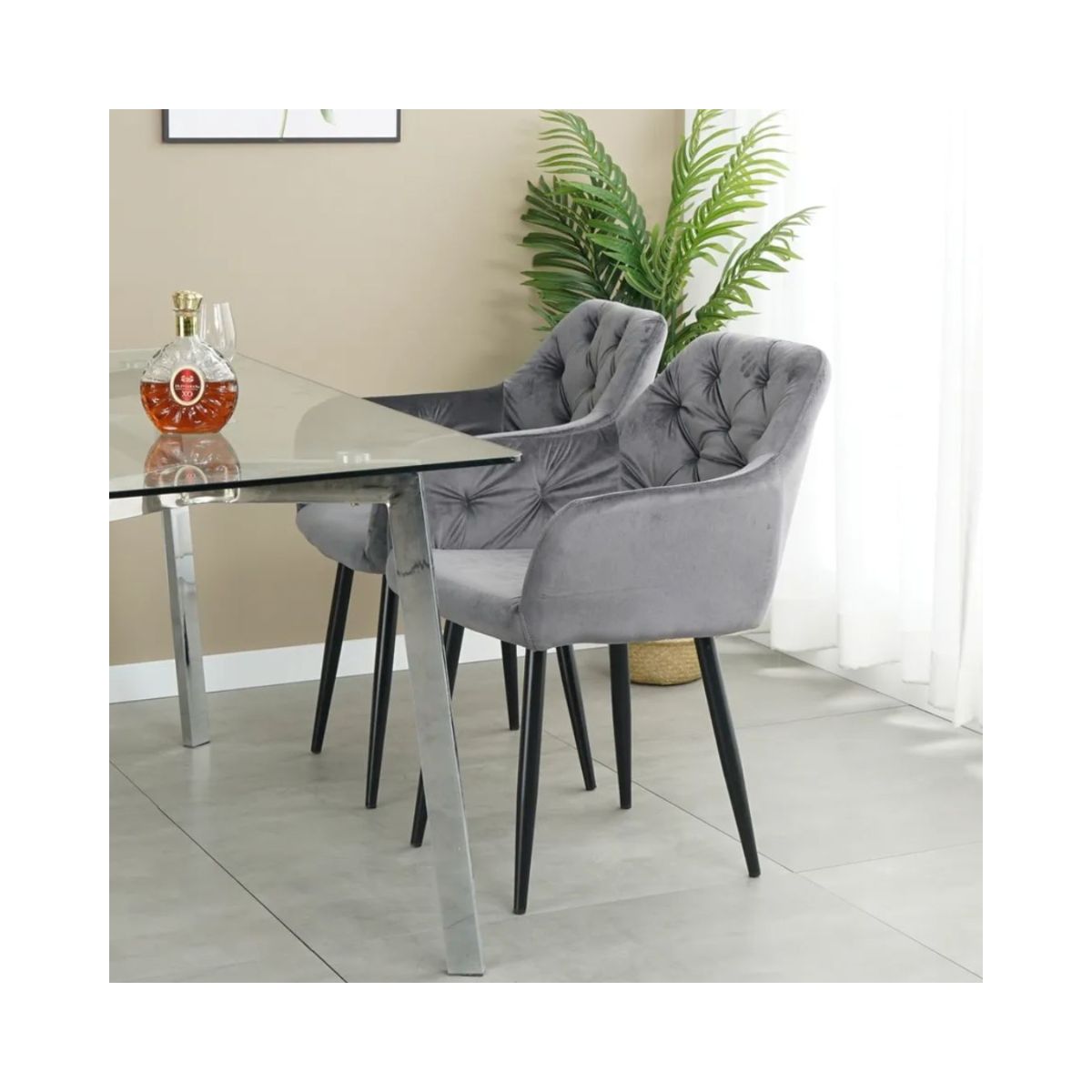 Pachet 3+1 Scaun tip fotoliu living/ dining, gri, tapiserie catifea, cadru metalic, fix, Velvet Old