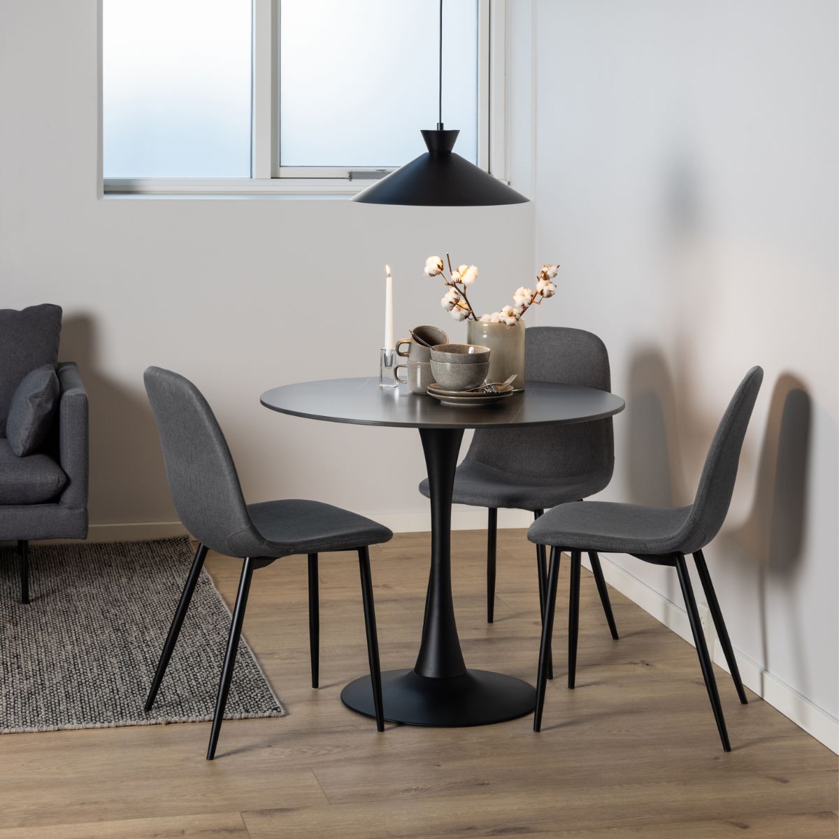 Scaun dining gri inchis din textil si metal Celia Actona