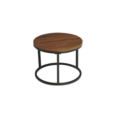 Set 2 masute de cafea rotunde cu cadru metalic si blat din MDF maro 80 cm diametru, 44.5 cm inaltime respectiv 50 cm diametru, 38 cm inaltime