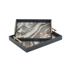 Set 2 tavi MDF si sticla, cu manere metalice , negru/multicolor, 40x30x6 cm/35x25x5 cm