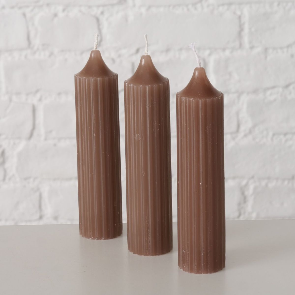 Set 3 lumanari taupe din parafina 15 cm Riffly Boltze, 3, hectarul.ro