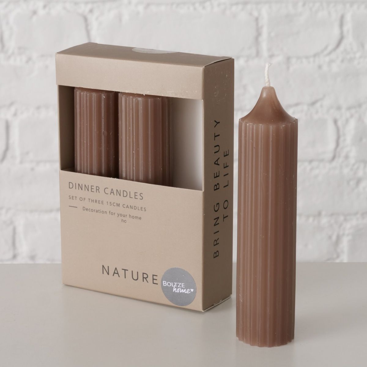 Set 3 lumanari taupe din parafina 15 cm Riffly Boltze, 5, hectarul.ro
