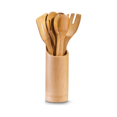 Set ustensile de bucatarie din bambus in suport, 7 piese, Kitchen Utensil Holder Zeller