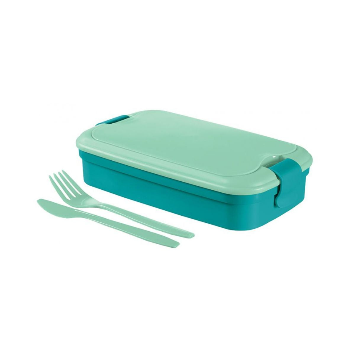 Set caserola  pentru picnic/masa de pranz din plastic Lunch&Go 1,3L albastru turcoaz 13x23x7 cm si tacamuri incluse, 1, hectarul.ro