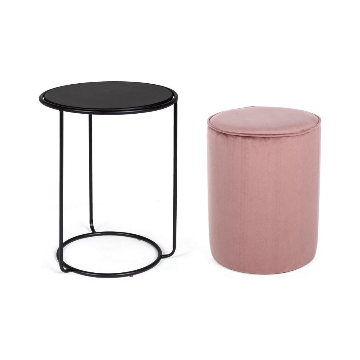 Set masuta de cafea si pouf roz pal/negru din otel, poliester si MDF, Ø 32/40 cm, Annika Bizzotto