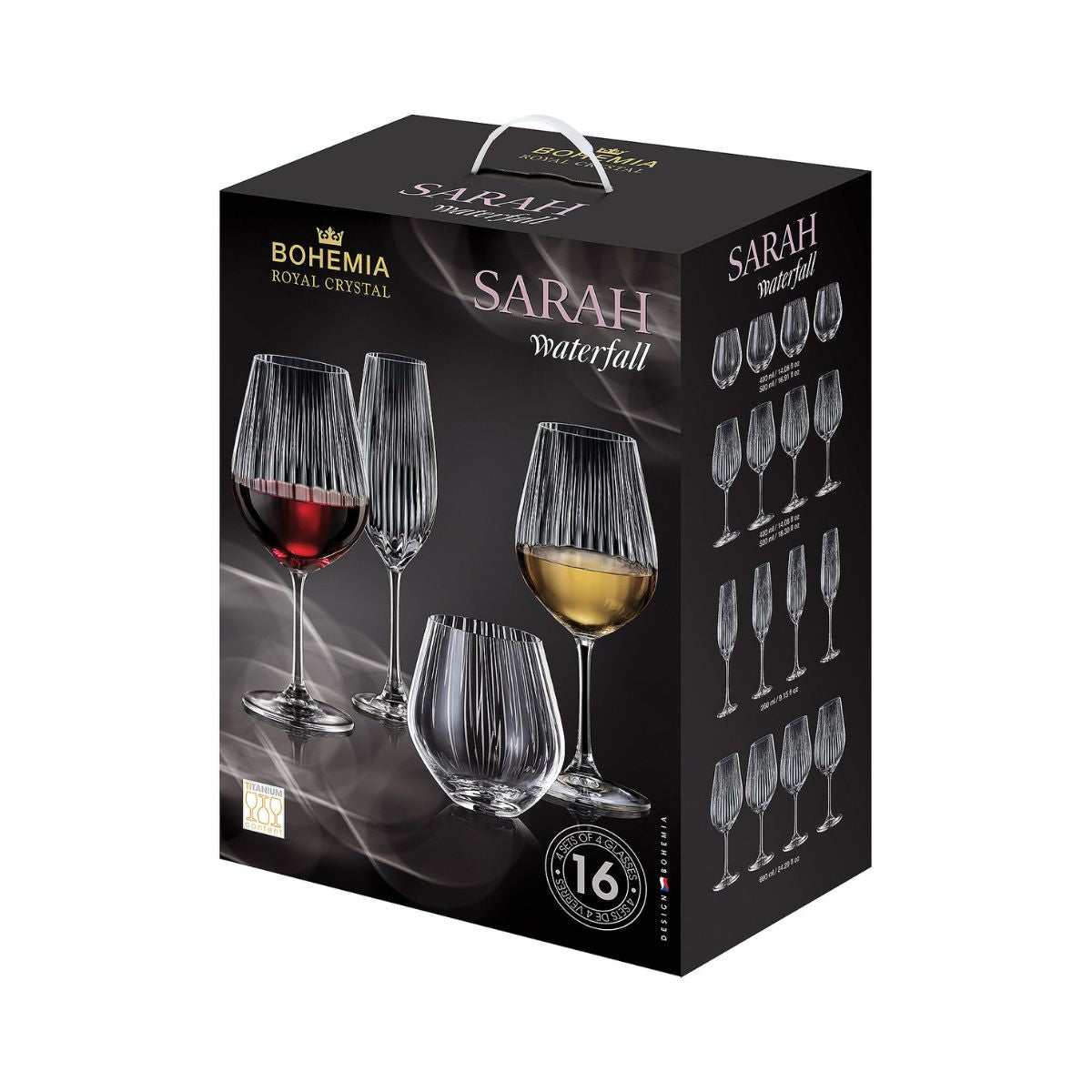 Set de 16 pahare pentru vin rosu, vin alb, sampanie si apa, transparent, din cristal de Bohemia, 500/520/690/260 ml, Sarah Waterfall, 1, hectarul.ro