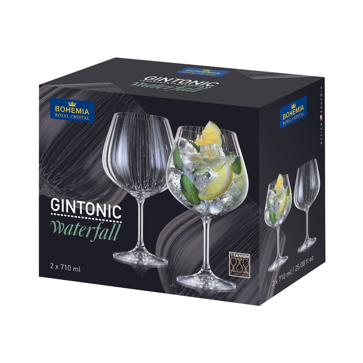 Set de 2 pahare pentru gin, transparent, din cristal de Bohemia, 710 ml, Gin Tonic Waterfall