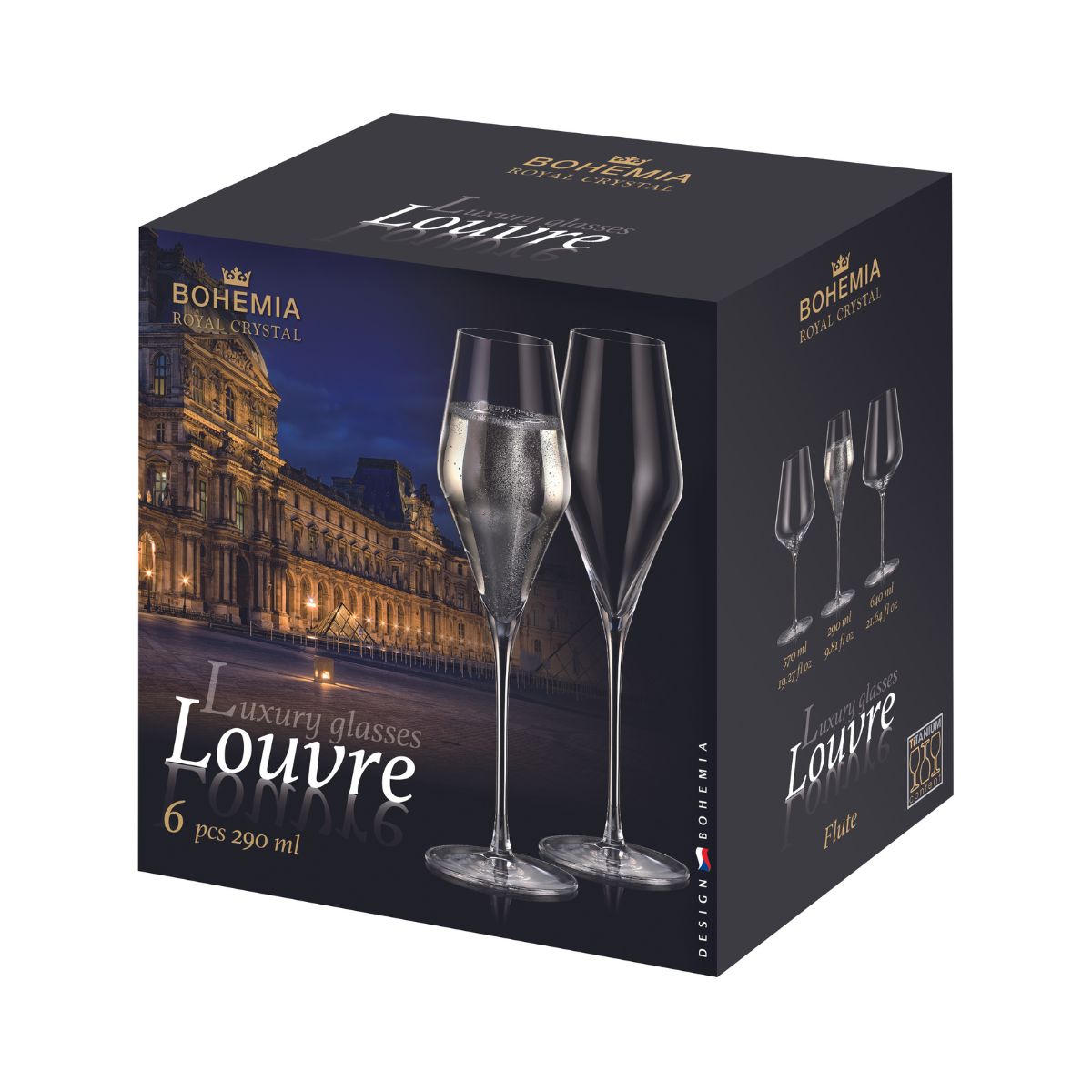 Set de 6 pahare pentru sampanie, transparent, din cristal de Bohemia, 290 ml, Louvre Flute, 2, hectarul.ro