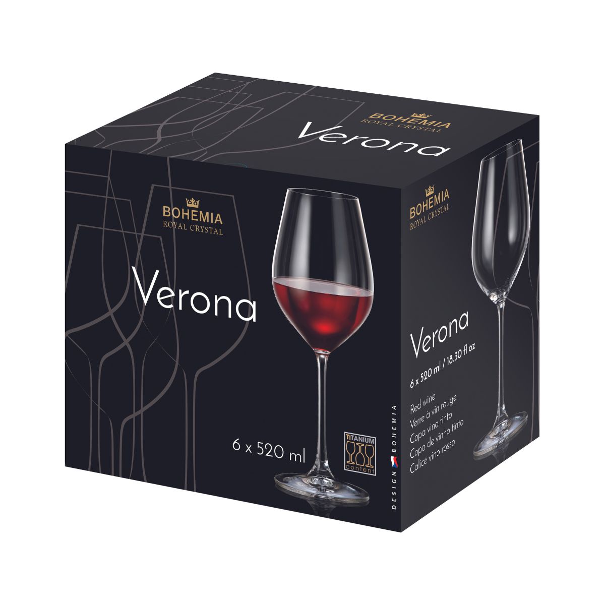 Set de 6 pahare pentru vin rosu, transparent, din cristal de Bohemia, 520 ml, Verona Red Wine, 2, hectarul.ro